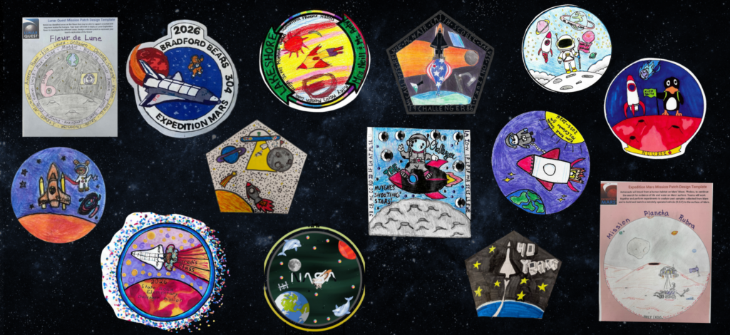 Collage of student-drawn mission patches